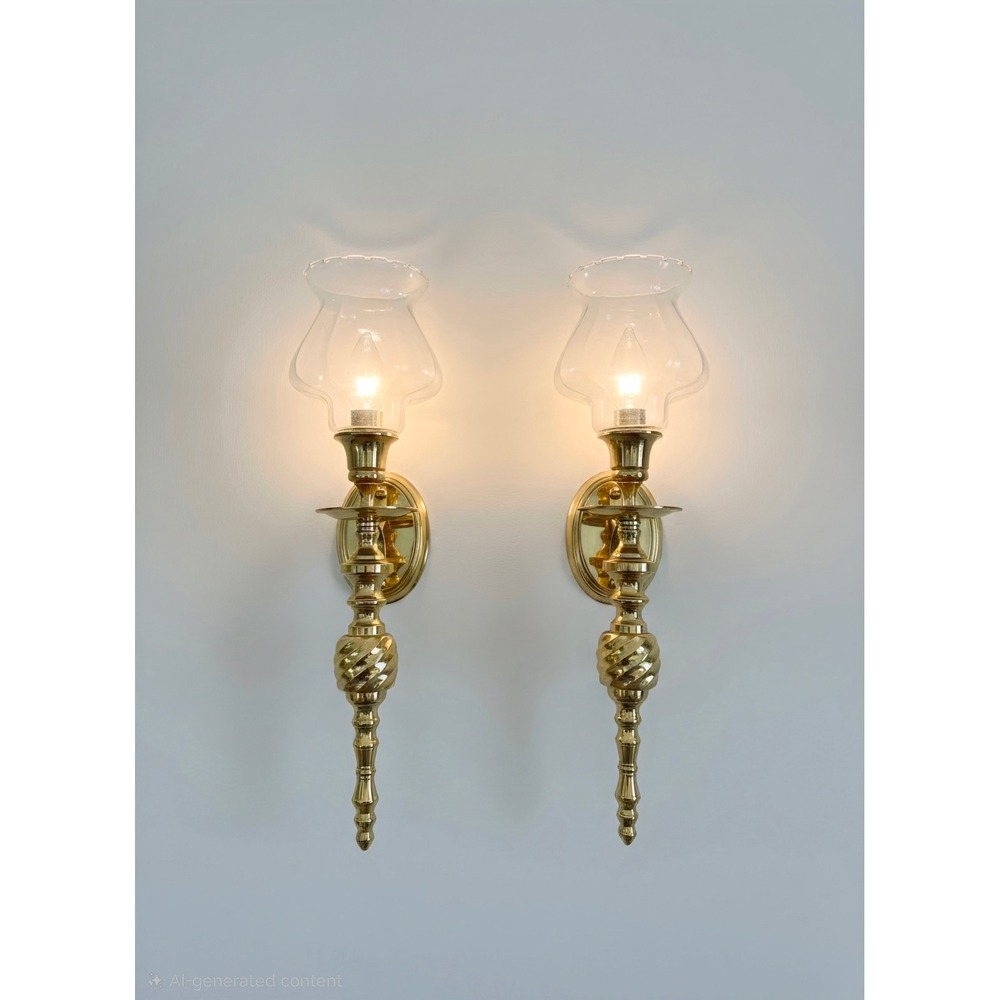 Vintage Brass Wall Sconces Pair with Glass Hurricane Shades Spiral Twist India